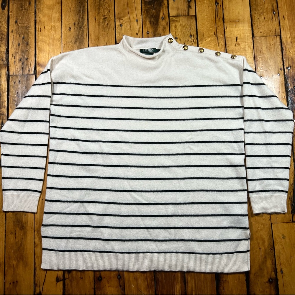 Ralph Lauren Womens L 100% Cashmere Striped Oversized Sweater Gold Button Ivory